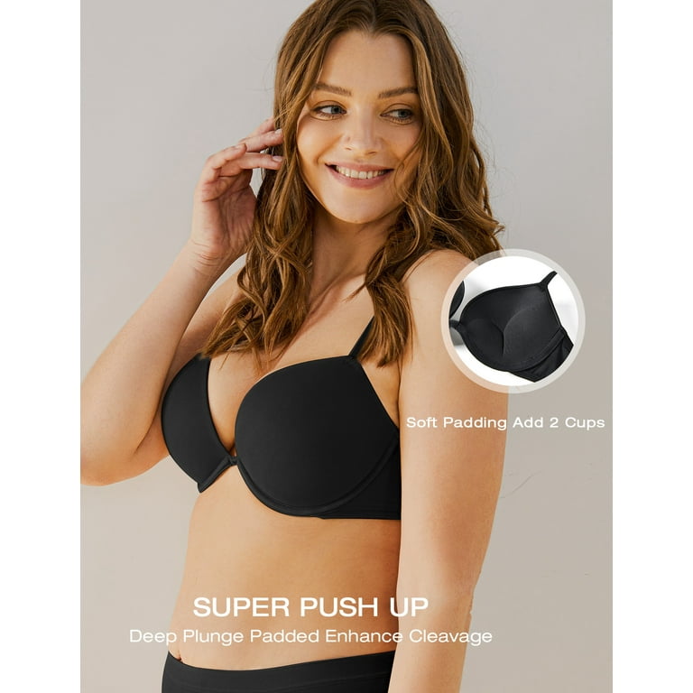 Deyllo Women's Plunge Super Padded Push Up Underwire T Shirt Bra, Black 32D