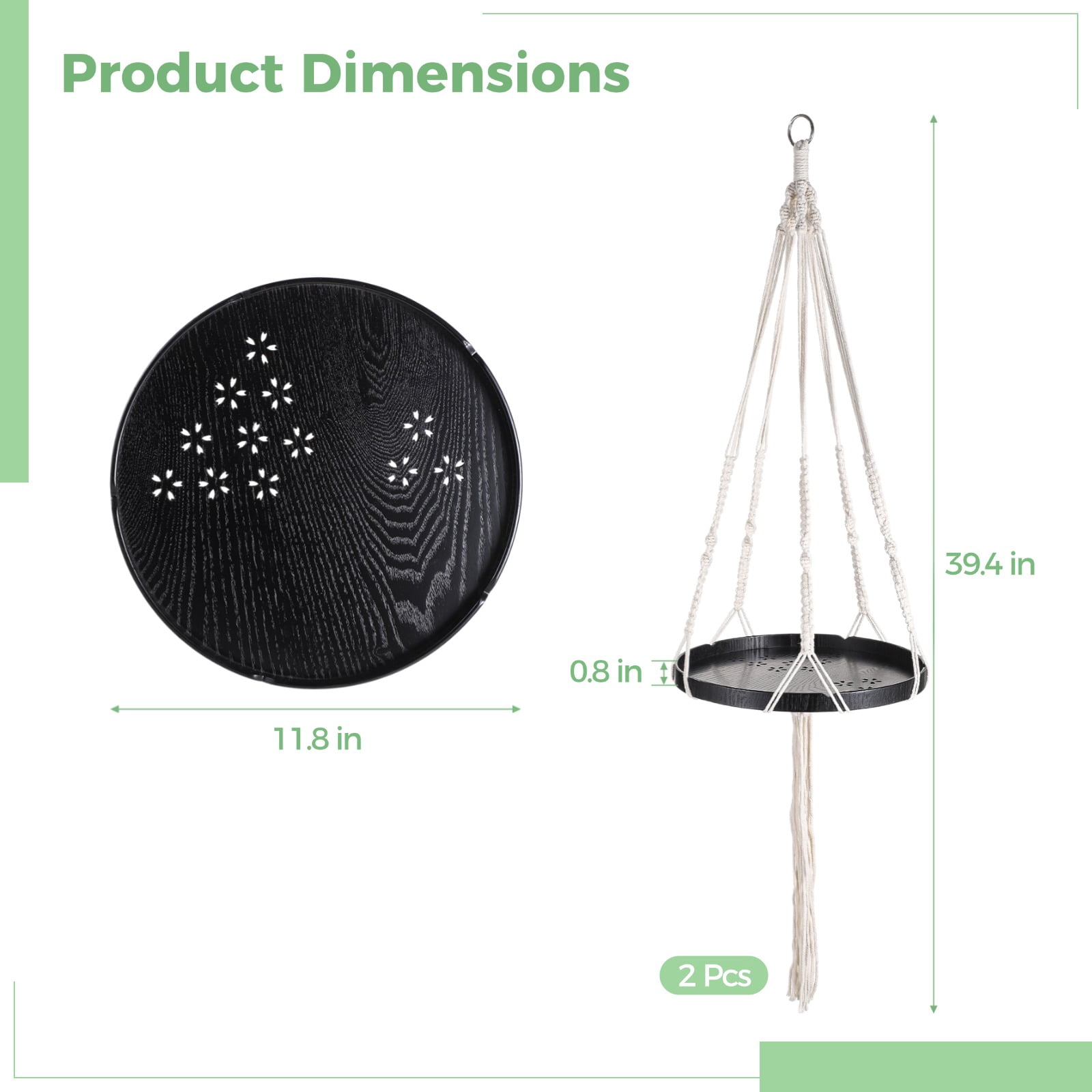2Pcs Hanging Plant Holders, Macrame Plant Hangers with Wood Tray, Cotton Hanging Planter Shelves, Plant Display Holders for Living Room, Bedroom, Kitchen