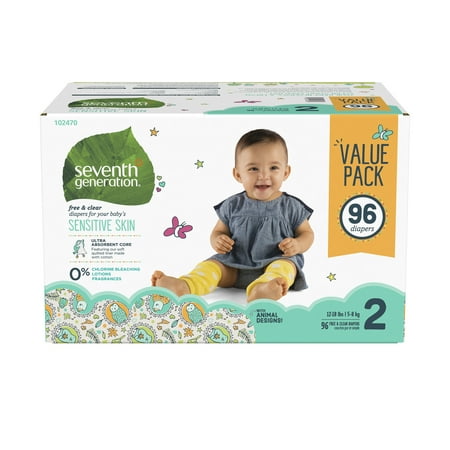 Seventh Generation Free & Clear Baby Diapers with Animal Prints Size 2, 12-18lbs 96 count