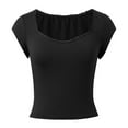 thumbnail image 4 of MIXUE Boho Tops For Women Summer Solid Color Square Collar Short Sleeve Casual Soft Basic Pullover Shirts For Women T Shirts Holiday Wear,Black,L, 4 of 5
