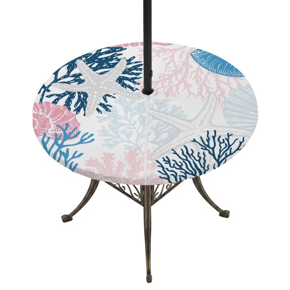 Outdoor Tablecloth with Umbrella Hole and Zipper Ocean Coral Starfish Round Fitted Table Cover with Elastic Waterproof Blue Pink Coastal Shell Conch Patio Tablecloths for Picnic BBQS Fit 45"-54"