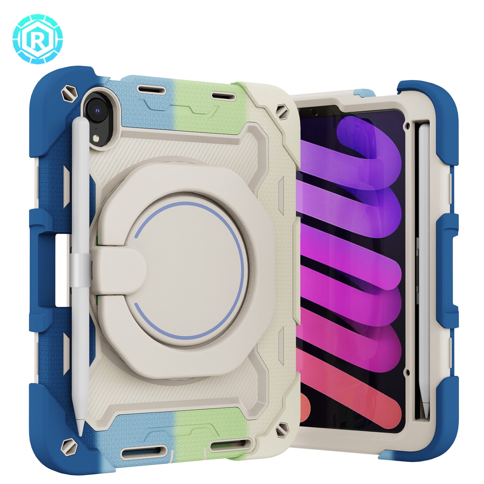 3-in-1 Case for Apple iPad Mini 2021 (8.3 Inch, 6th Generation) Tablet - Shockproof Drop Proof Rugged Cover, Built-in Pencil Holder /Kickstand /Handle, Protective Hard Shell (Rainbow Blue)