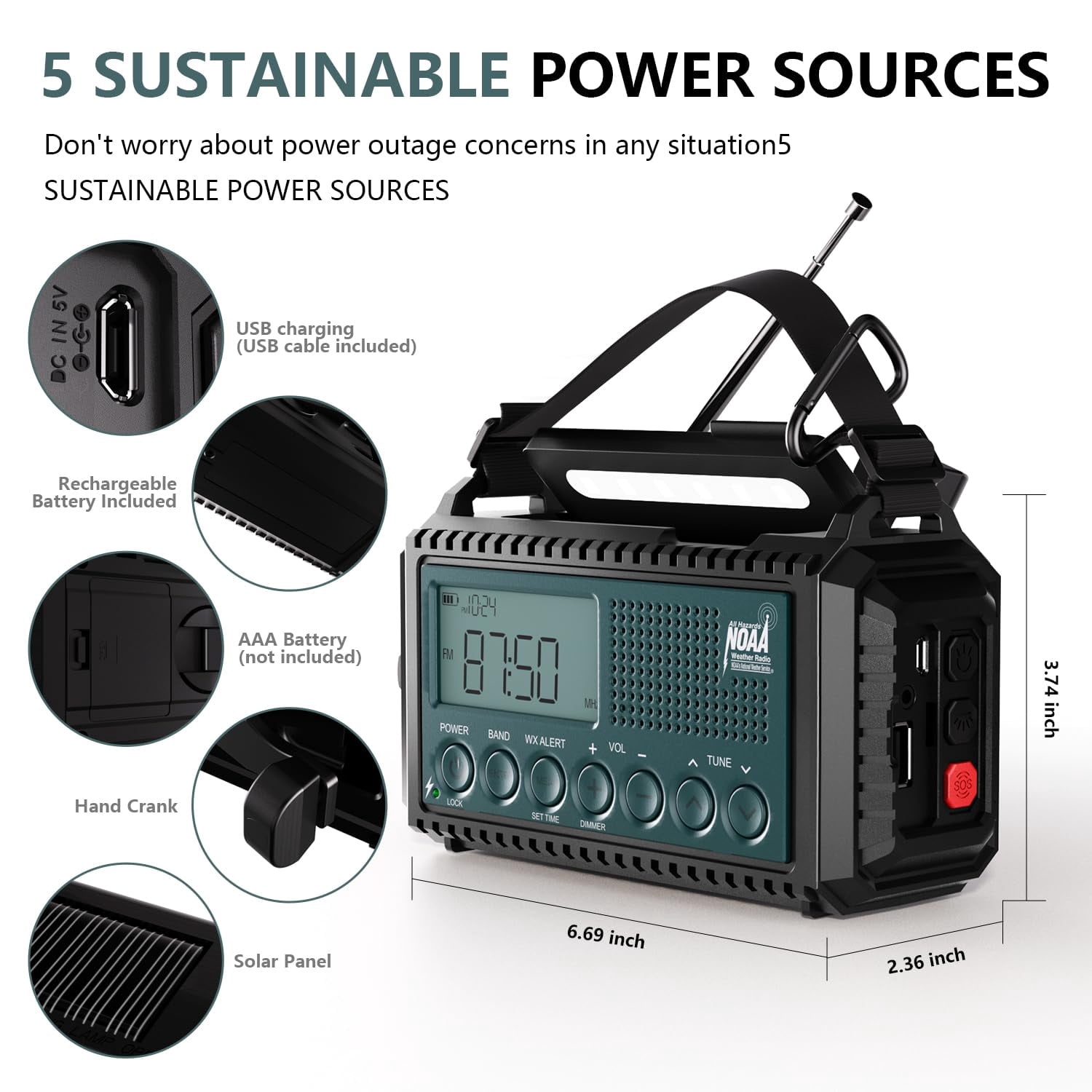 Noaa Emergency Weather Radio With Auto Alerts  5000mah Solar Hand Crank Am/fm/sw Shortwave Flashlight Reading Lamp Phone Sos Alarm Gear Time Clock & Large Lcd Display
