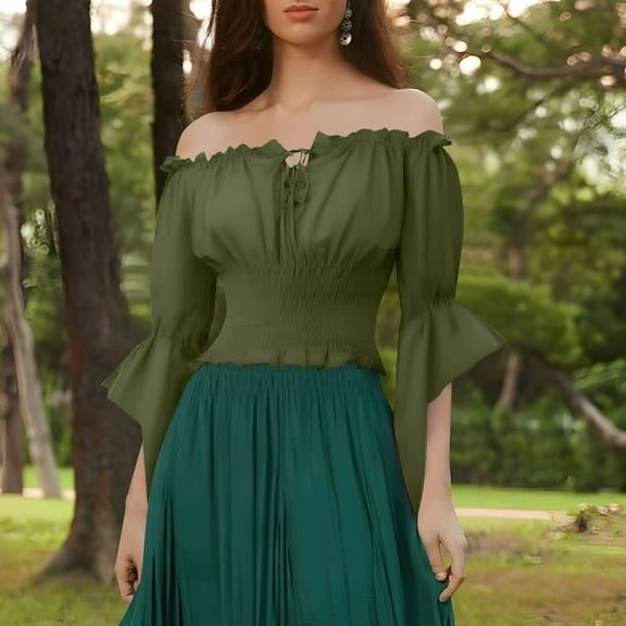 Neewe Womens Renaissance Peasant Blouse Off Shoulder Trumpet Sleeve Tops S-XXL