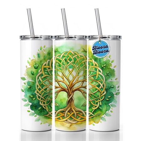 Celtic Irish Tree Of Life Knots Green And Golden Watercolor 20oz Insulated Water Bottle Skinny Tumbler Includes Straw