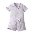 thumbnail image 4 of LNMQLPDBS Toddler Boy Sets Solid Color Button Down Shirt & Shorts 2pcs Outfits Boys Dress Shirts Lapel Blouse with Chest Pocket Baby Boy Summer Beach Casual Clothes Sets Purple 2 Years, 4 of 4
