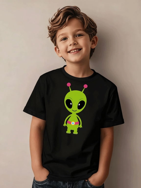 Boy's Cute Casual Green Alien Graphic T-Shirt
