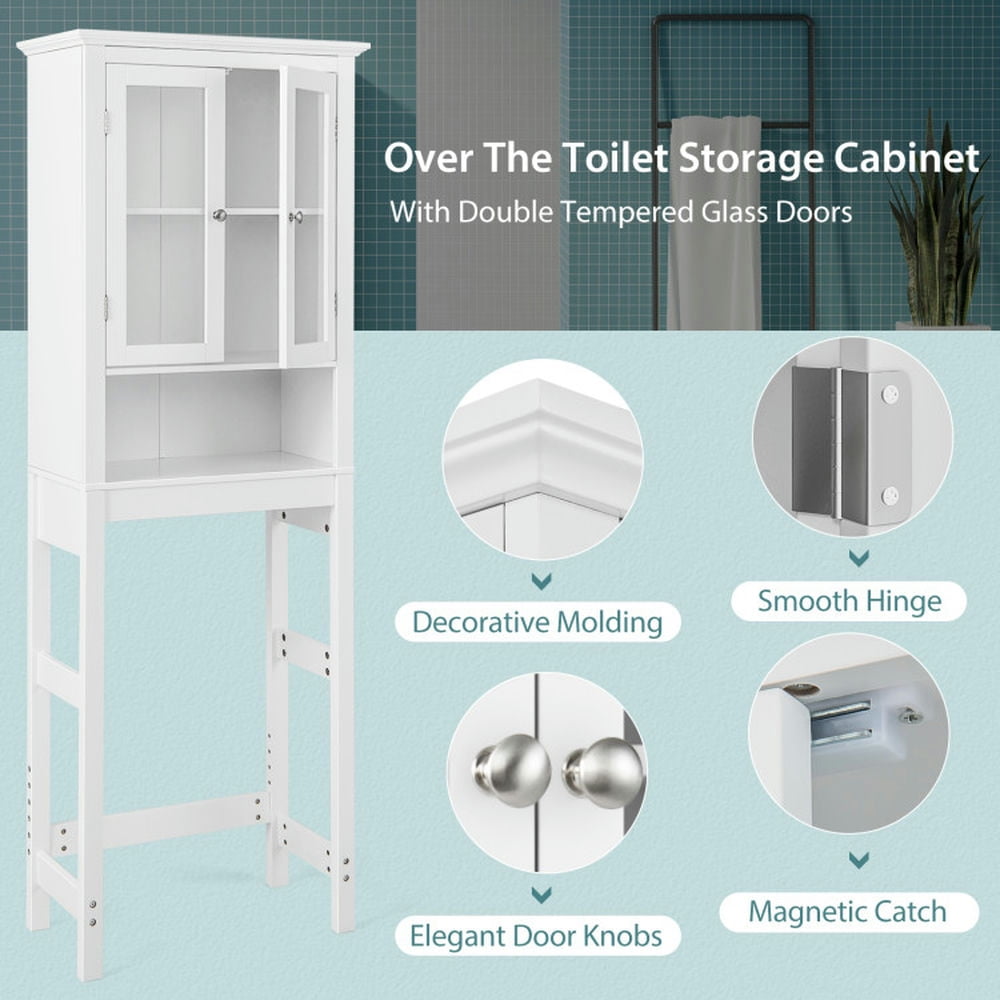 Finihen Toilet Storage Cabinet, Bathroom Cabinet Organizer, Over the Toilet Storage Cabinet with Double Tempered Glass Doors, for Bathroom, White