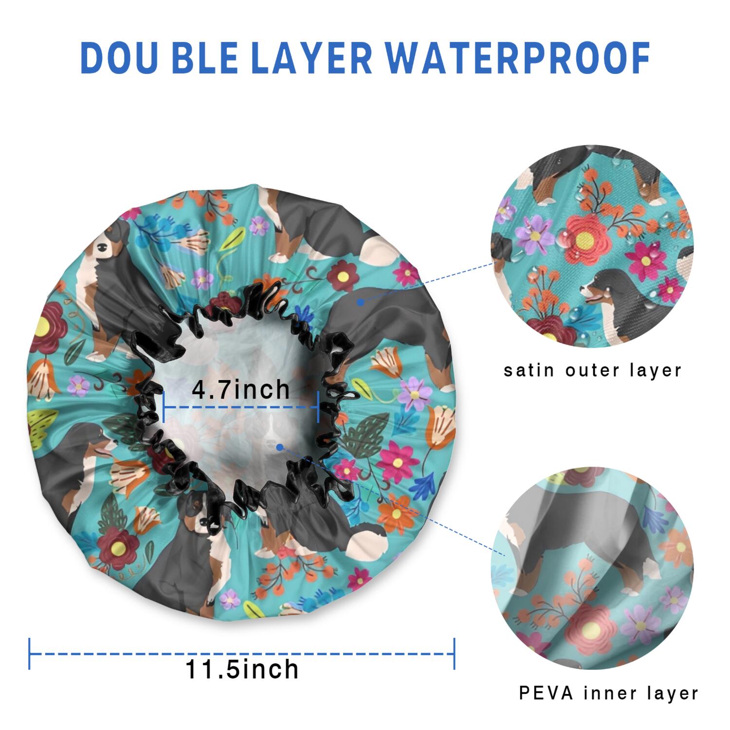 Shower Caps,Bernese Mountain and Flower Waterproof Shower Cap for Women 4 Pieces,Double Reusable Hair Cover for Shower PEVA Elastic Stretch Hem