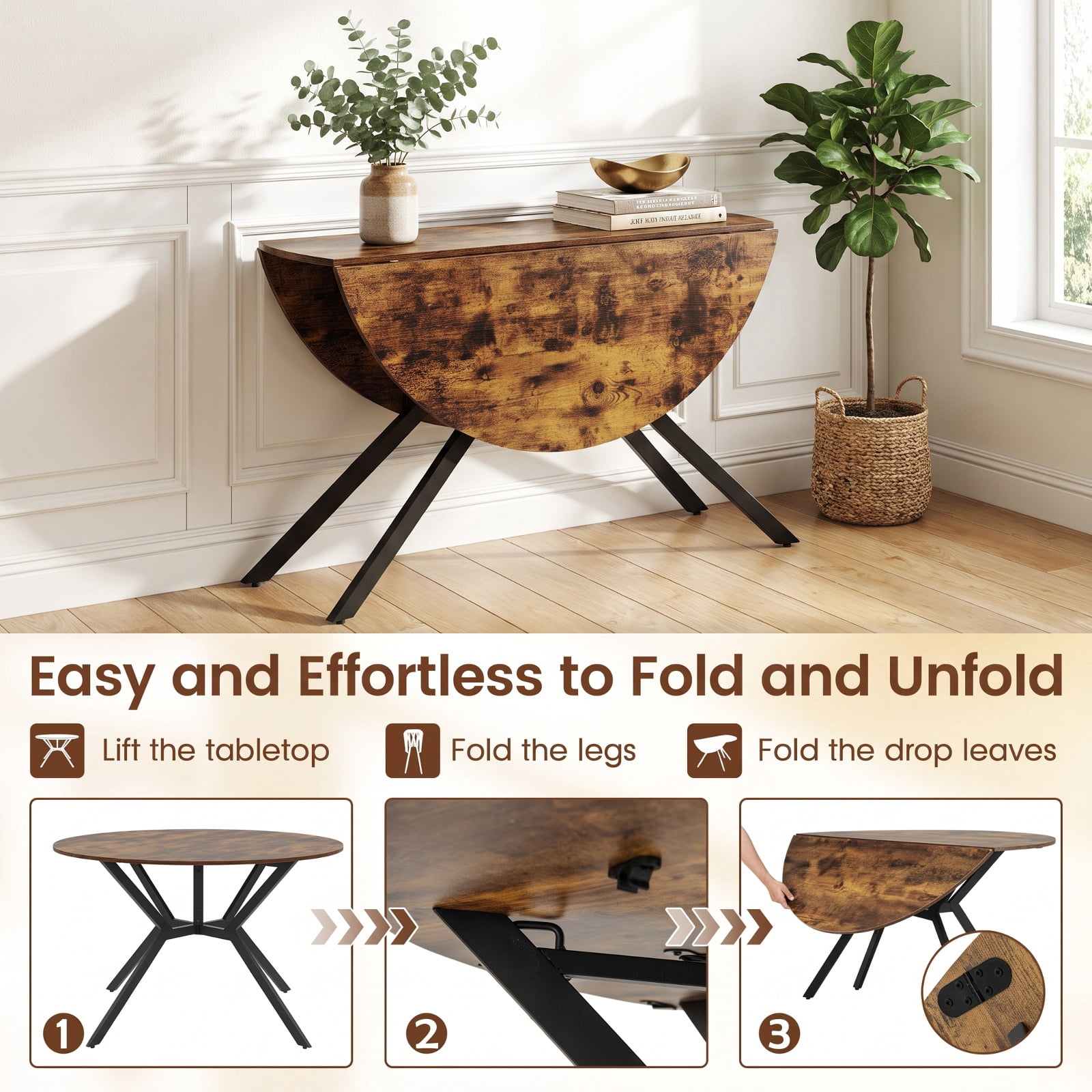 Furnibear Folding Dining Table 47 Inch Extendable Round Kitchen Table with Drop Leaves for Kitchen Dining Room Breakfast Nook Small, Rustic Brown