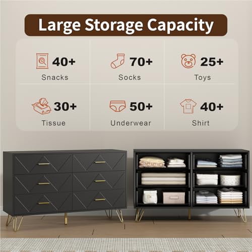 6 Drawer Black Dresser for Bedroom, Modern Chest of Drawers with Deep Drawers,Wood Dresser with Gold Metal Handles for Bedroom, Living Room, Hallway