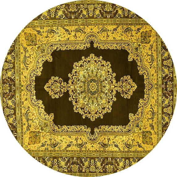 Ahgly Company Indoor Round Medallion Yellow Traditional Area Rugs, 7' Round