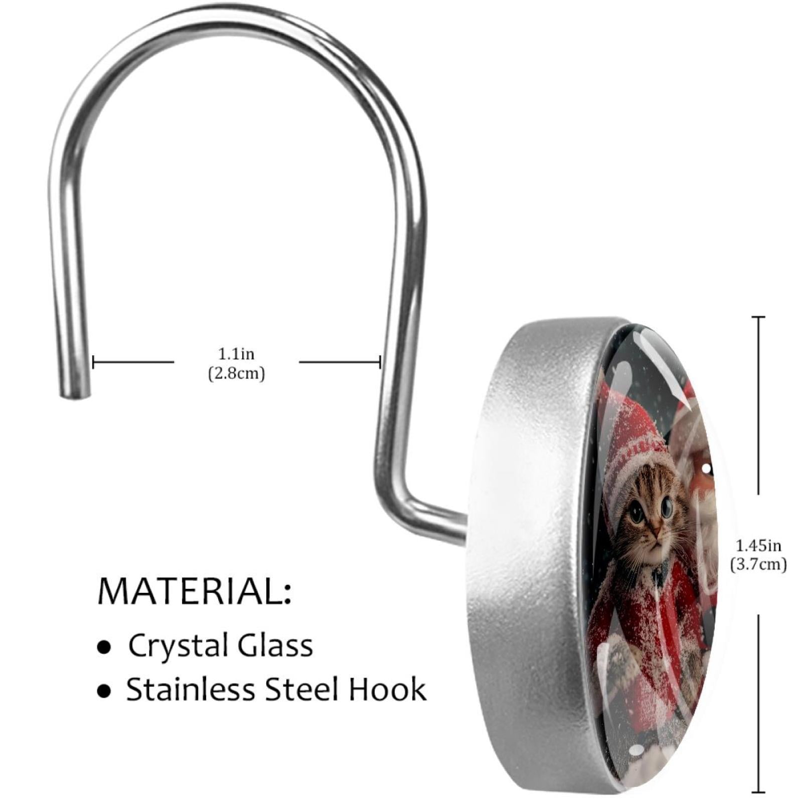 Christmas Santa and Cats Shower Curtain Hooks Round Crystal Glass, Set of 12 Shower Curtain Rings - Shower Hooks for Curtain Shower Rings