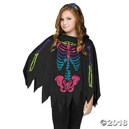 Skeleton Poncho Theme Outfit Party Fancy Dress Kids Halloweem Costume (Multicoloured)