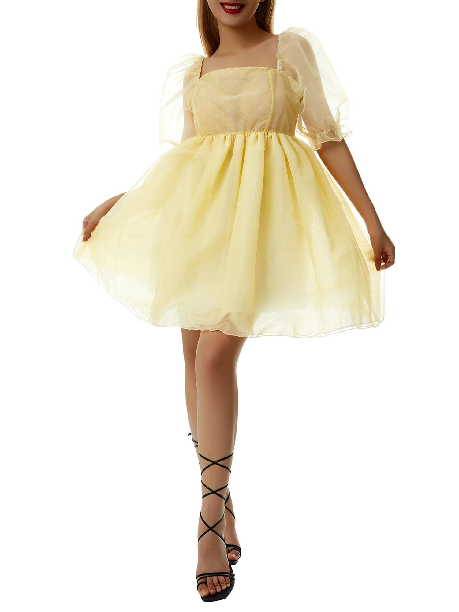 Fullvigor Women Mesh Princess Dress Solid Color Puff Sleeve One-piece