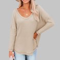 thumbnail image 3 of Top de manga larga con gofres para mujer, jersey de manga larga con cuello en V holgado informal a la moda, camiseta de Color sólido caqui XL, 3 of 6