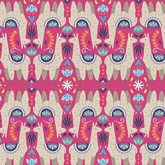 Camelot Fabrics Llama Drama Festive Llamas Magenta 100% Cotton Fabric sold by the yard