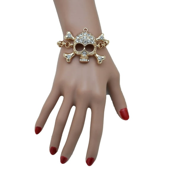 Women Biker Fashion Bracelet Gold Metal Chain Skull Charm Jewelry Collection
