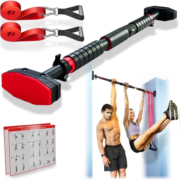 Pull Up Bar for Hallway or Doorway 6- Set with Two Attachable Resistance Bands/Handles,  Manuals, No Screws Chin Up Bar,  680lbs, Width options: 27-37", 37-"; 46-53"