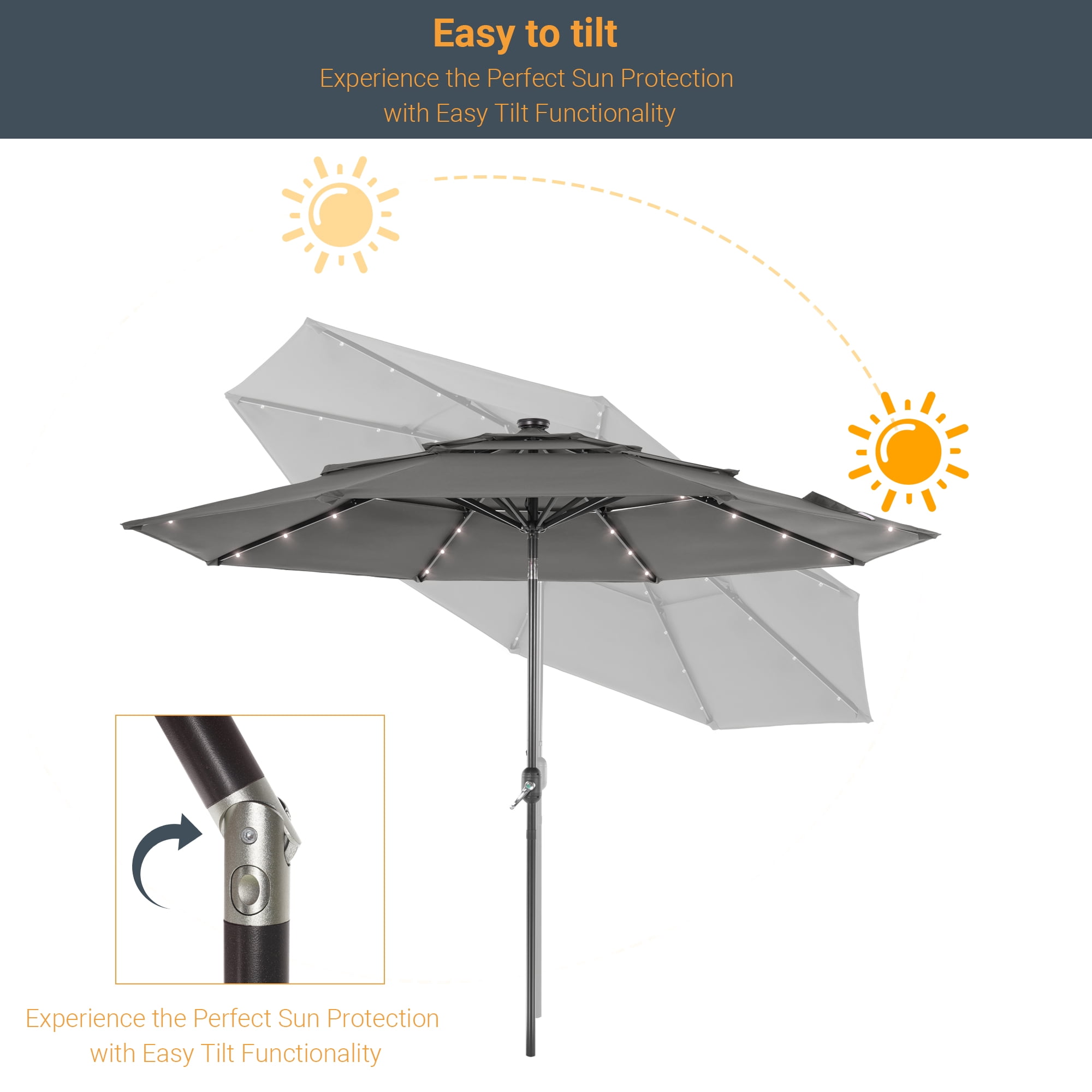 ACEGOSES 10ft LED 3 Tiers Patio Market Umbrella Outdoor with Ventilation for Garden, Deck and Pool,Gray