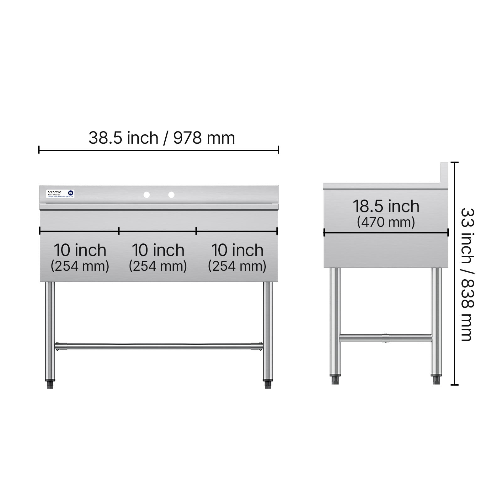 VEVOR 3 Compartment Sink, 18-Gauge 304 Stainless Steel, 10" x 14" x 10" Bowl Size, 3 Bay Commercial Under Bar Sink with Backsplash and Efficient Drainage for Kitchen,Restaurant, Food Truck & Home Use