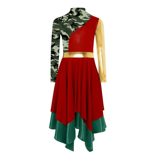 YiZYiF Kids Girls Lyrical Praise Dance Dress Color Block Printed Worship Robe Metallic Irregular Burgundy 10