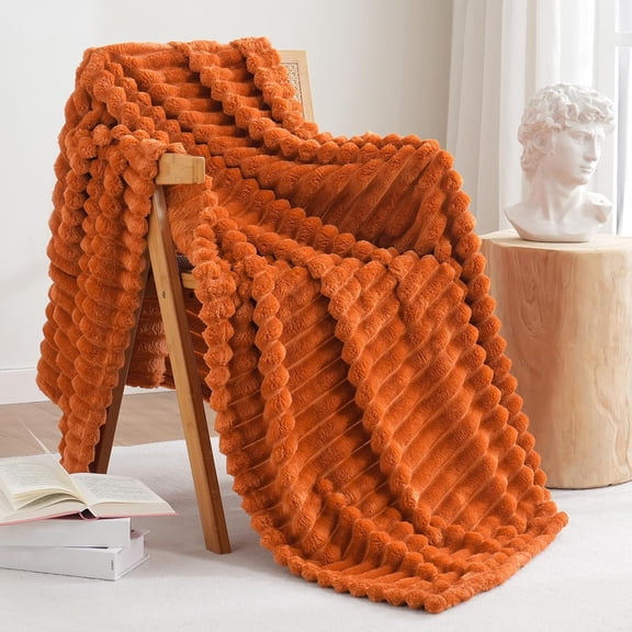 Solid Striped Flannel Fleece Blanket (50x70 inches, Burnt Orange) Cozy Throw Blankets for Couch Sofa and Bed, Super Soft Luxurious Warm Blankets for Household Living Room Bedroom