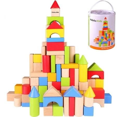 Pidoko Kids Wooden Building Blocks Set - 100 Pcs - Includes Carrying Container - Hardwood Plain & Colored Wood Block for Boys & Girls