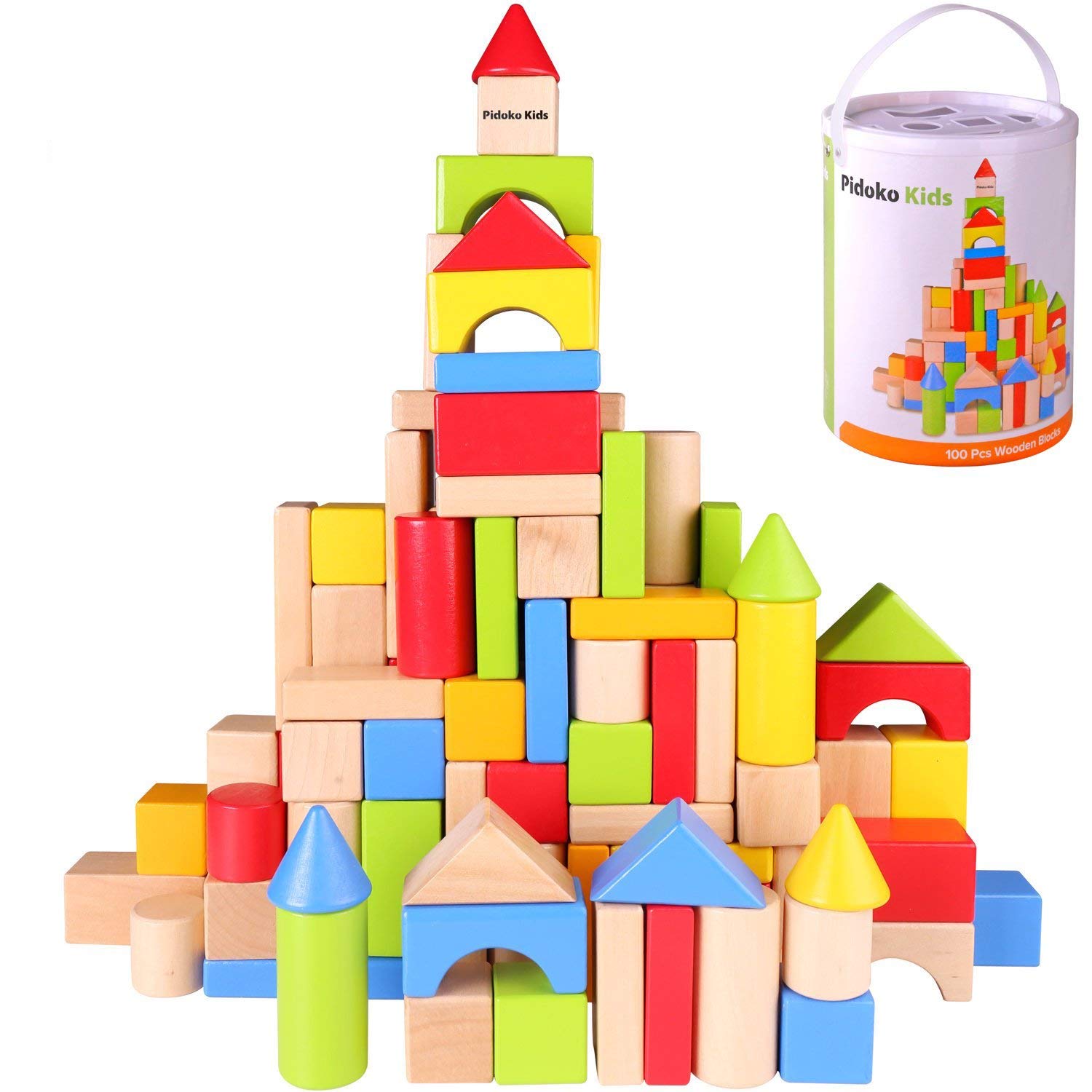 Pidoko Kids Wooden Building Blocks Set - 100 Pcs - Includes Carrying  Container - Hardwood Plain  Colored Wood Block for Boys  Girls -  Walmart.com