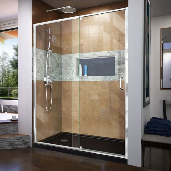 DreamLine Flex 32 in. D x 60 in. W x 74 3/4 in. H Semi-Frameless Pivot Shower Door in Chrome with Left Drain Biscuit Base Kit