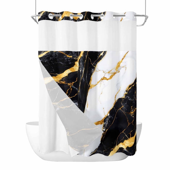 Black Marble No Hook Shower Curtain Waterproof,Bathroom Curtains with Snap in Liners and See Through Top Window,Luxury Gold White Abstract Cracks Artwork Hotel Style Bathtub Curtains Shower 48"Wx72"L