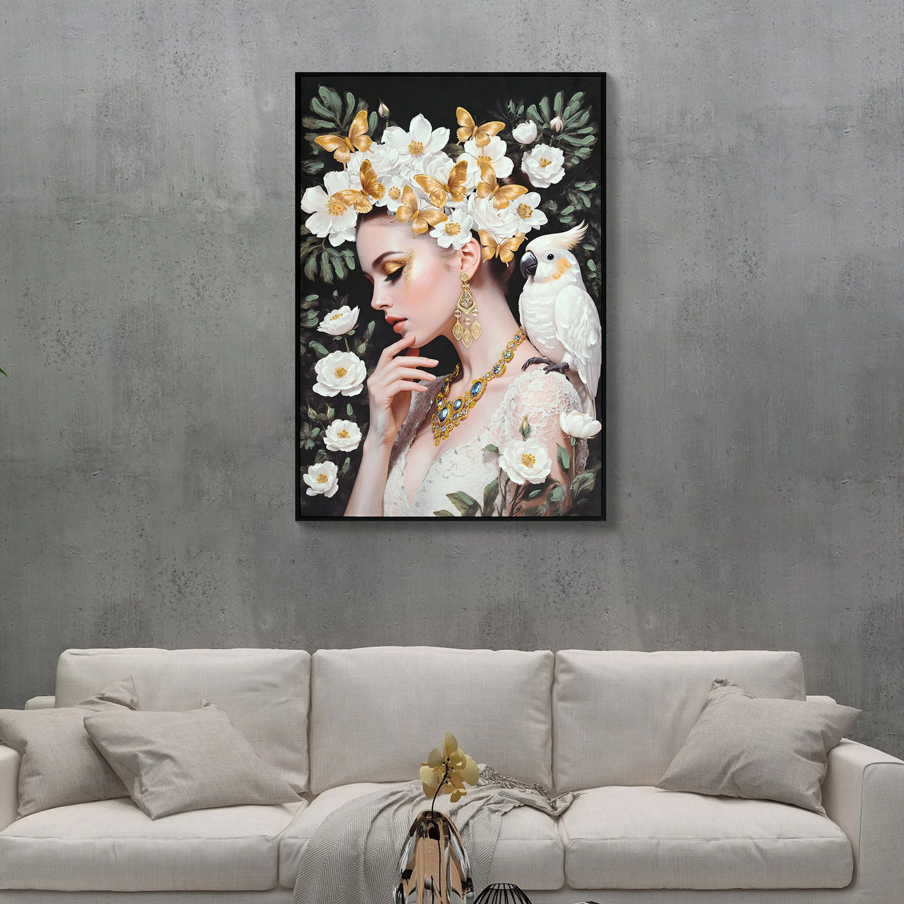 Euroco 24x36 Inch Beauty lady Canvas Wall Art,Gold and White Floral Wall Prints Wall Decor for Living Room,Bedroom