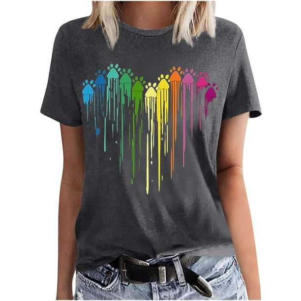 Camisetas de Manga Corta para las Mujeres Impresas Cuello Redondo Casual Camiseta, 95% Poliéster 5% Spandex Vintage Ligero Top para Diario, Fiesta Y Primavera
