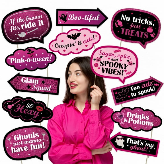 Pink Halloween Party Decoration Pack – 12pcs Glam Photo Booth Props Kit with Sticks | Spooky Chic Selfie Props Set for Girls Night Party Supplies