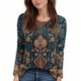 thumbnail image 4 of Kixjoy Womens Long Sleeve Shirts Fashion Pleated Round Neck Top Plus Size Casual Long Sleeve T Shirt Fall Floral Print Loose Fit Clothes, Army Green S, 4 of 6
