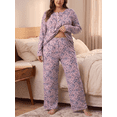 thumbnail image 3 of PINKSIR Plus Size Pajama Sets for Women Printed Long Sleeve Henley Sleepwear Button Pleated Top and Long Pants 2 Piece Loungewear Set with Pockets, 3 of 9