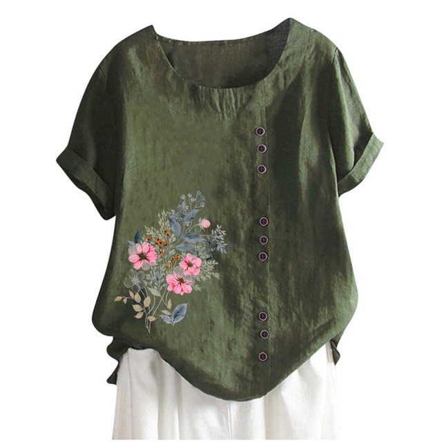 Blouses pour Femmes, T-Shirt à Manches Courtes et Col Rond d'Été pour Femmes, Mode Décontractée Imprimée avec Boutons