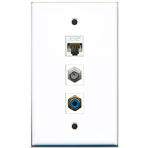 RiteAV - 1 Port RCA Blue and 1 Port Coax Cable TV- F-Type and 1 Port Cat5e Ethernet White Wall Plate