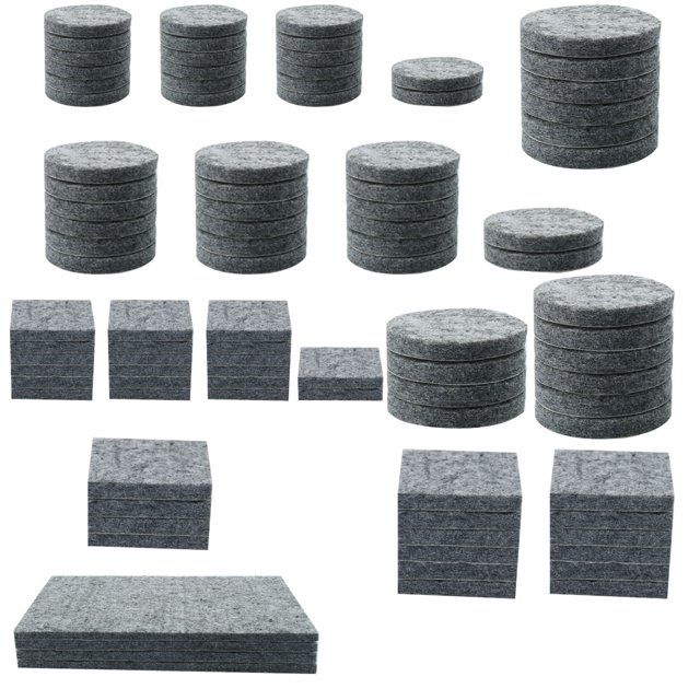 Unique Bargains Felt Furniture Pad Self Adhesive Anti-scratch for Floor Protector Grey 96pcs. The set includes 96 grey felt pads in various shapes and sizes: round (19mm, 25mm, 38mm diameters), square (25mm, 38mm), and rectangular (150mm x 110mm). Designed to protect floors from scratches and reduce noise, these self-adhesive pads are suitable for furniture legs, cabinets, and countertops. Ideal for hardwood, tile, and laminate surfaces.