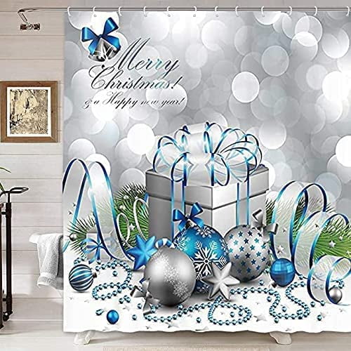 Holiday Shower Curtain, Happy Merry Christmas Silver and Blue Xmas Ball