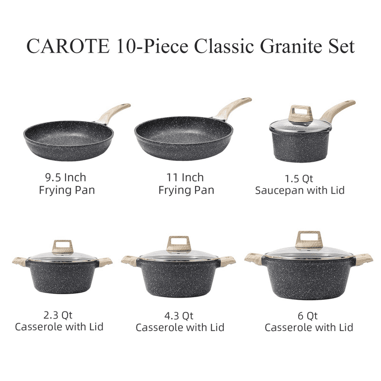 Carote Nonstick Granite Cookware Sets 10 Pcs Stone Cookware Set,non stick  frying pan set , pots and pans set ( Granite, induction cookware)