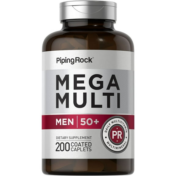 Mega Multi for Men 50 Plus | 200 Coated Caplets | Non-GMO, Gluten Free | By Piping Rock