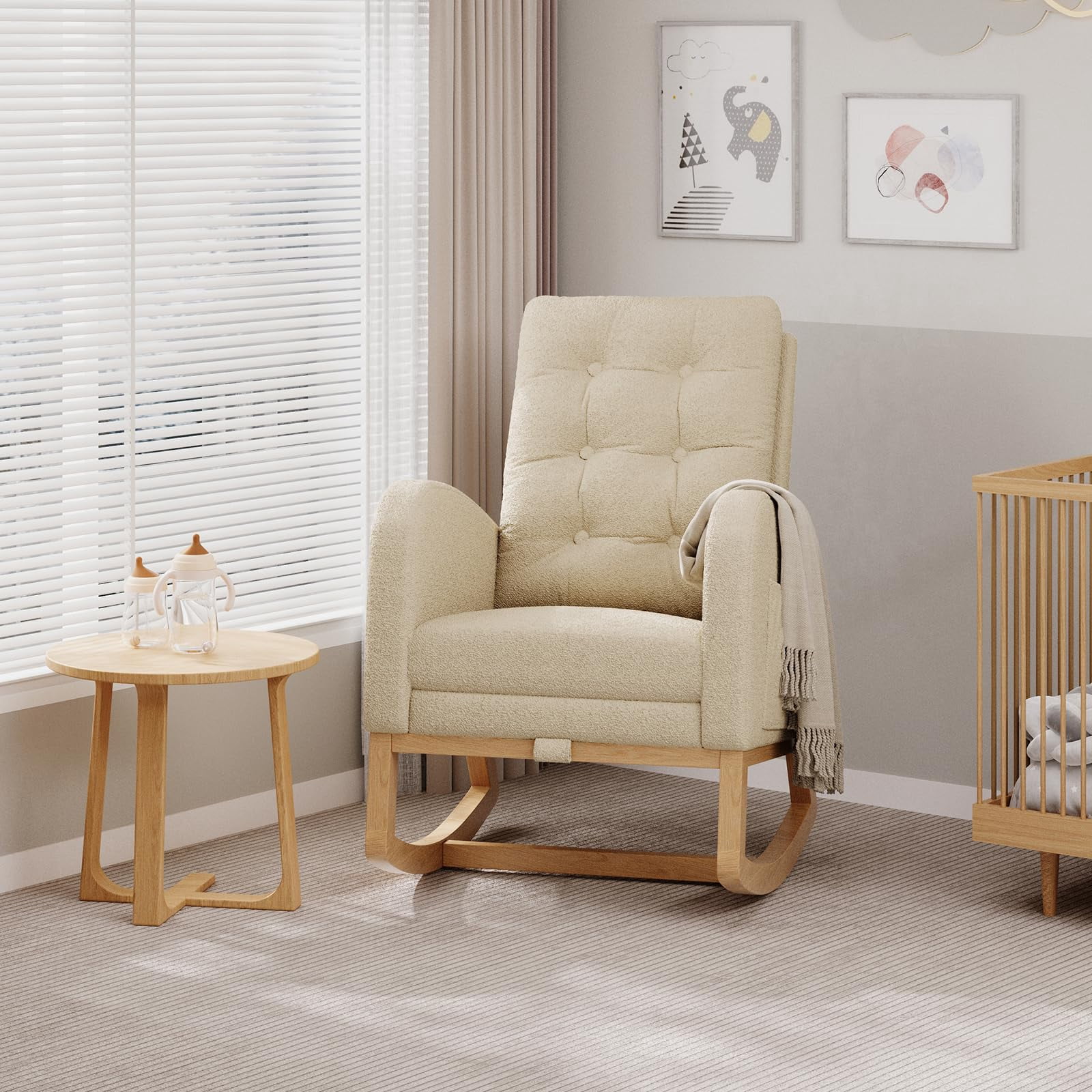 Ataujin Rocking Chair, Rocking Chair Nursery Teddy Upholstered Accent Chair, Comfortable Recliner Rocker with Side Pocket for Bedroom, Nursery, Lounge