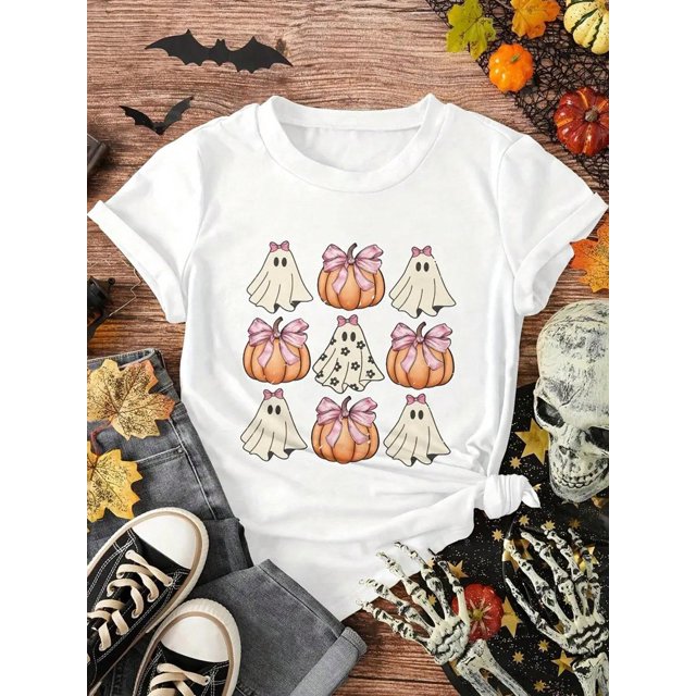 1Pc Halloween Girls Funny T-Shirt, Trick or Treat Print Design Tee, Perfect For Halloween atmosphere, Soft Cotton, Slightly Stretchable, Machine Washable, Best Gift For Girls