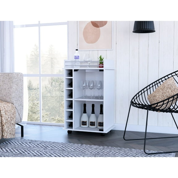 White Bar Cart With Glass Door Cabinet, Four Lockable , Two Shelves, Spacious Metal-railed Top, Fits 6 Liquor Bottles Door, Locking Feature, Surface, Stores Six