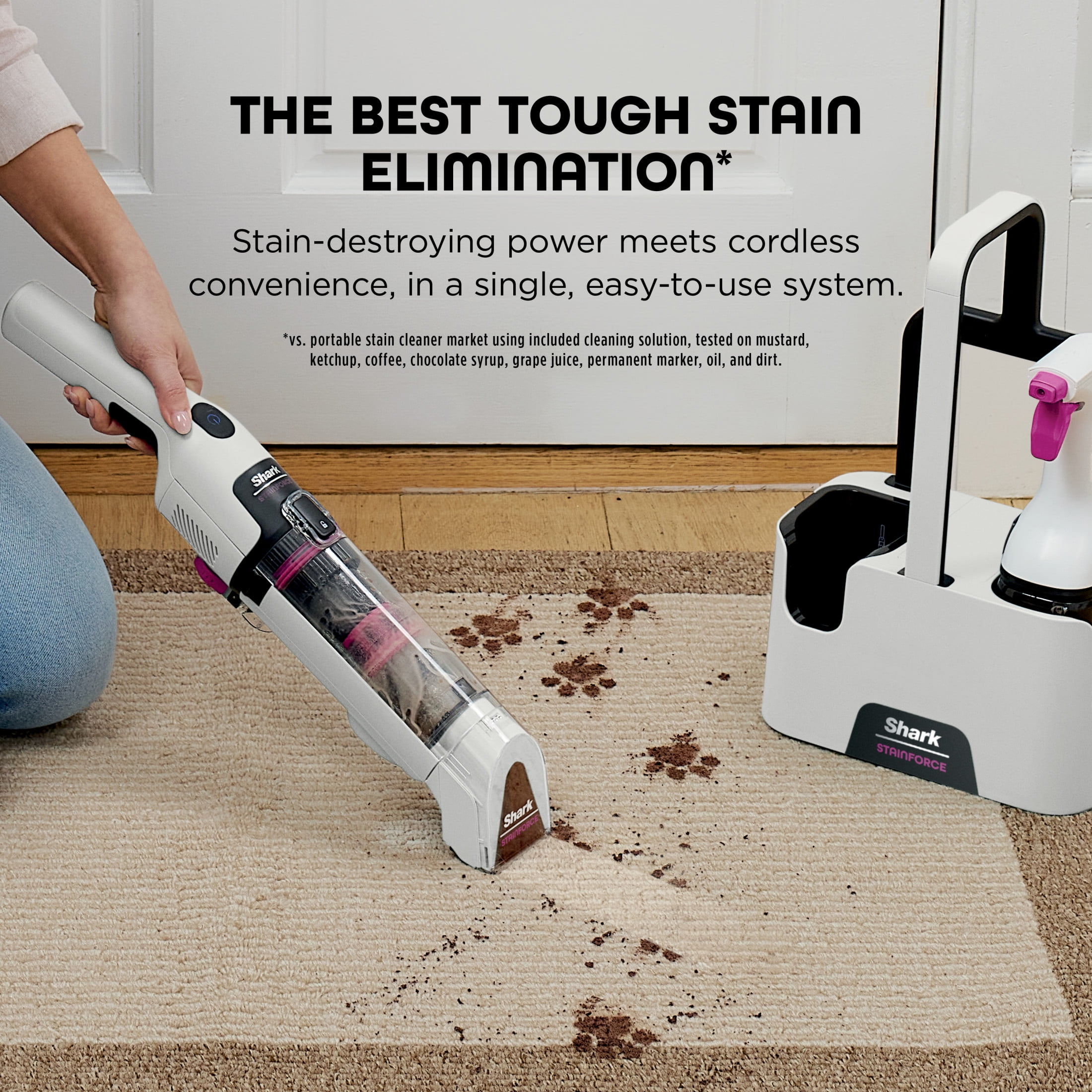 Shark StainForce Cordless Spot, Stain, & Odor Portable Cleaning System, for Carpets, Area Rugs, Upholstery, Stairs, with Storage Caddy, Accessories, and Full-Size Cleaning Solution, HX100 White