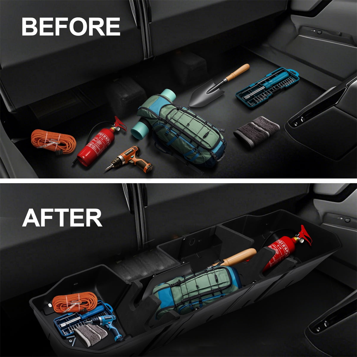 Underseat Storage Box Compatible with 2020-2024 2500HD/3500HD Crew Cab, 2019-2024 Chevrolet/GMC Silverado/Sierra 1500, Black Rear Under Seat Extra Cargo Store