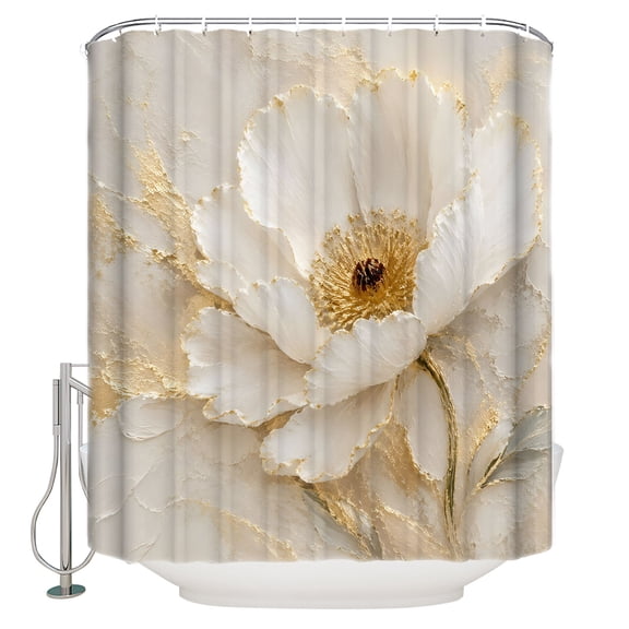 Cream Gold Flowers Bathroom Shower Curtains with 12 Hooks Polyester Waterproof Shower Curtain for Stalls and Bathtubs Modern Abstact Oil Painting Floral Decorative Bathroom Curtain 72x72 Inches