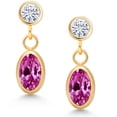 thumbnail image 2 of Gem Stone King 14K Yellow Gold Pink Created Sapphire and White Moissanite Drop Dangle Earrings for Women (1.20 Cttw, Gemstone Birthstone, Oval 6X4MM, Round 3MM), 2 of 4