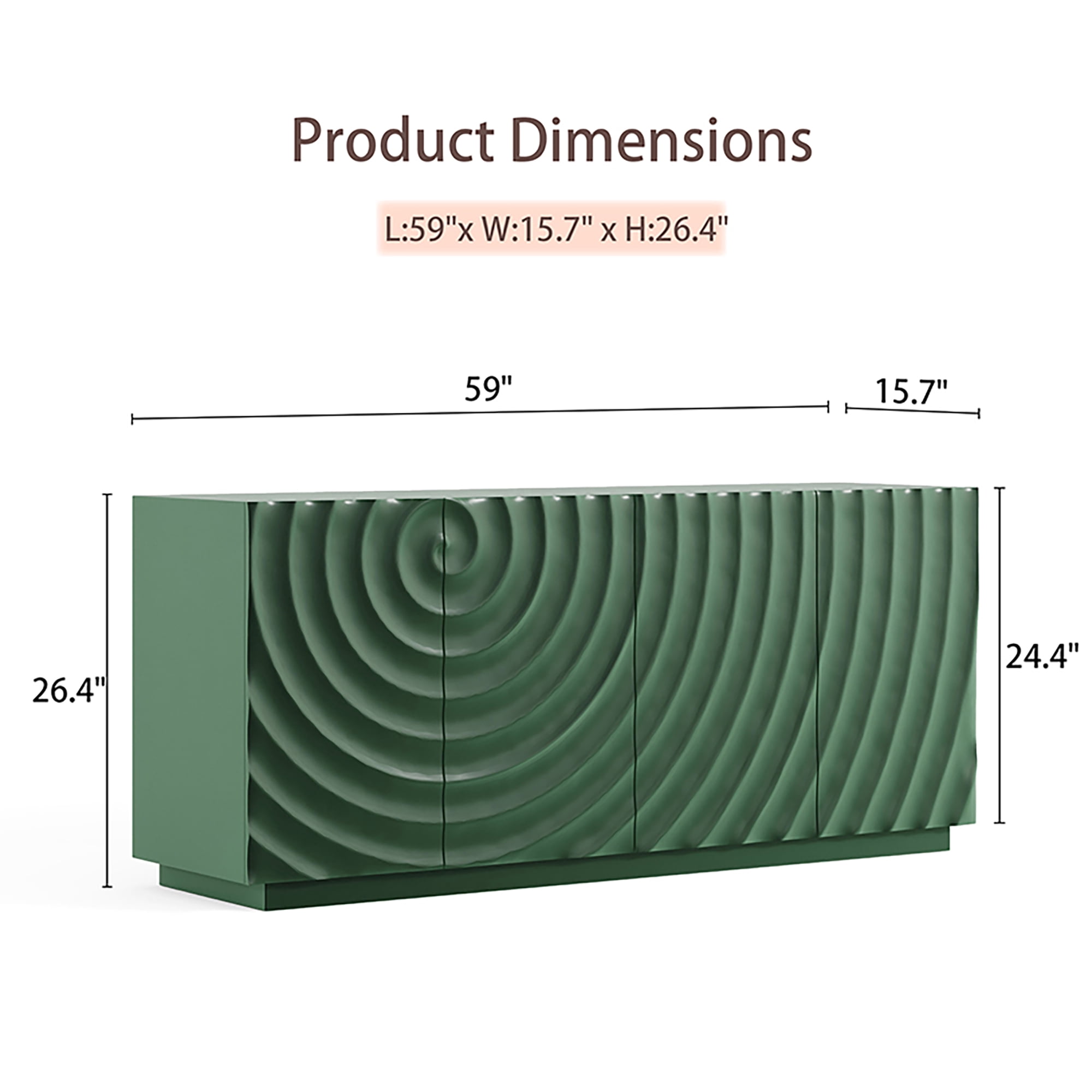 Homy Casa 59 in Modern 3D Ripple 4-Door Credenza Buffet Cabinet for Dining Room Green